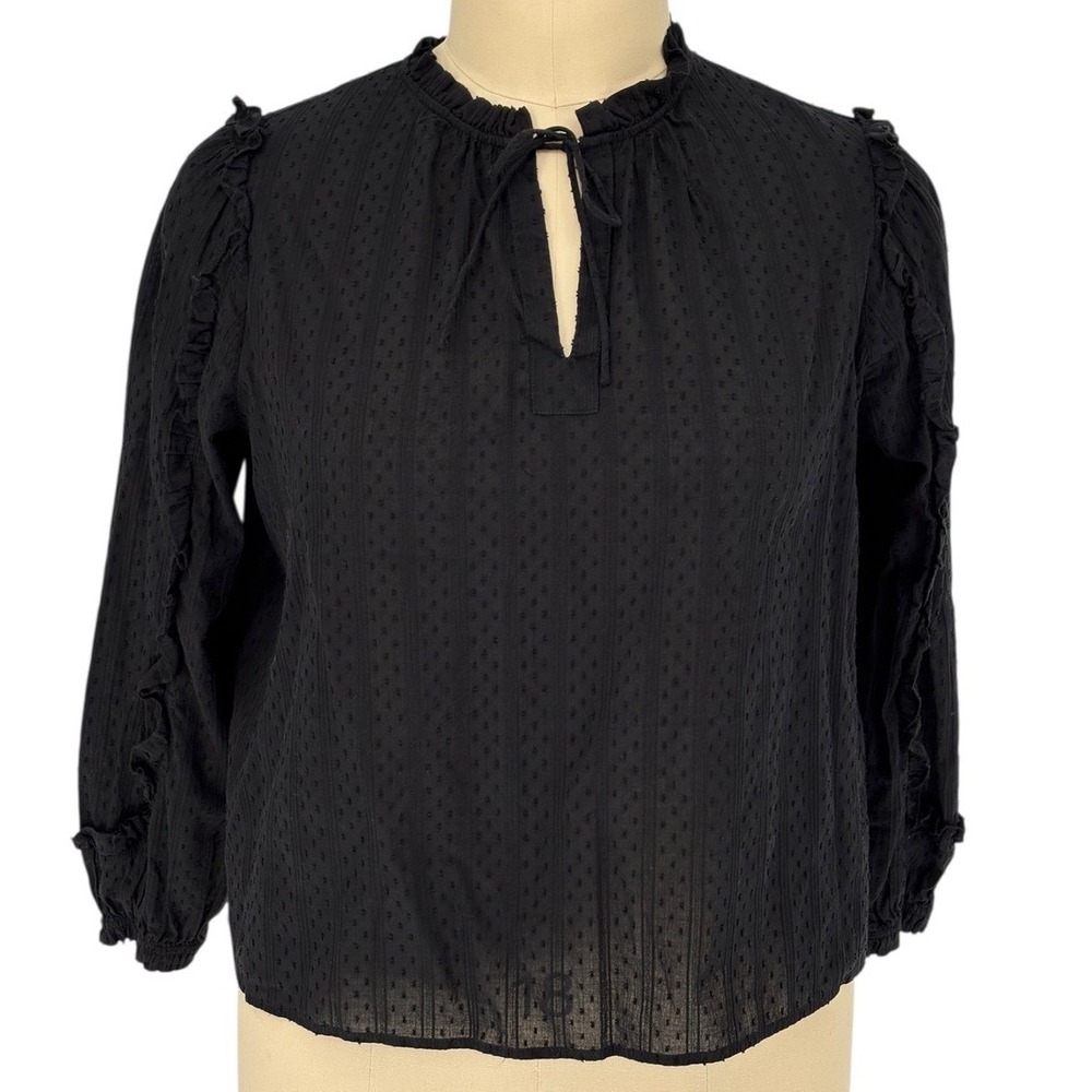 Time and Tru Blouse Black Swiss Dot Ruffle Tie Neck 100% Cotton XXL 20